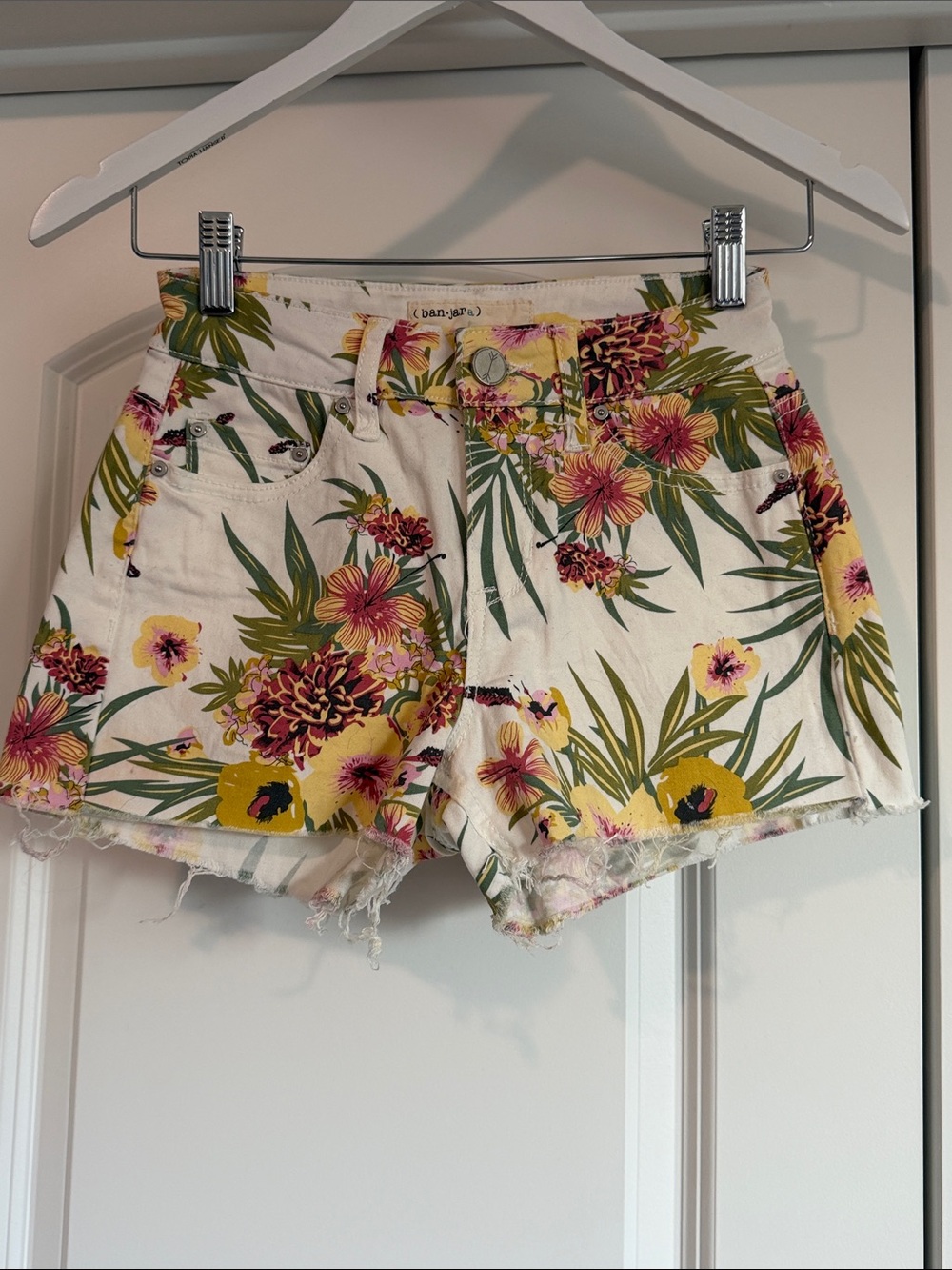 Ban•jara High-Rise White Floral Denim Shorts with Yellow & Pink Blooms